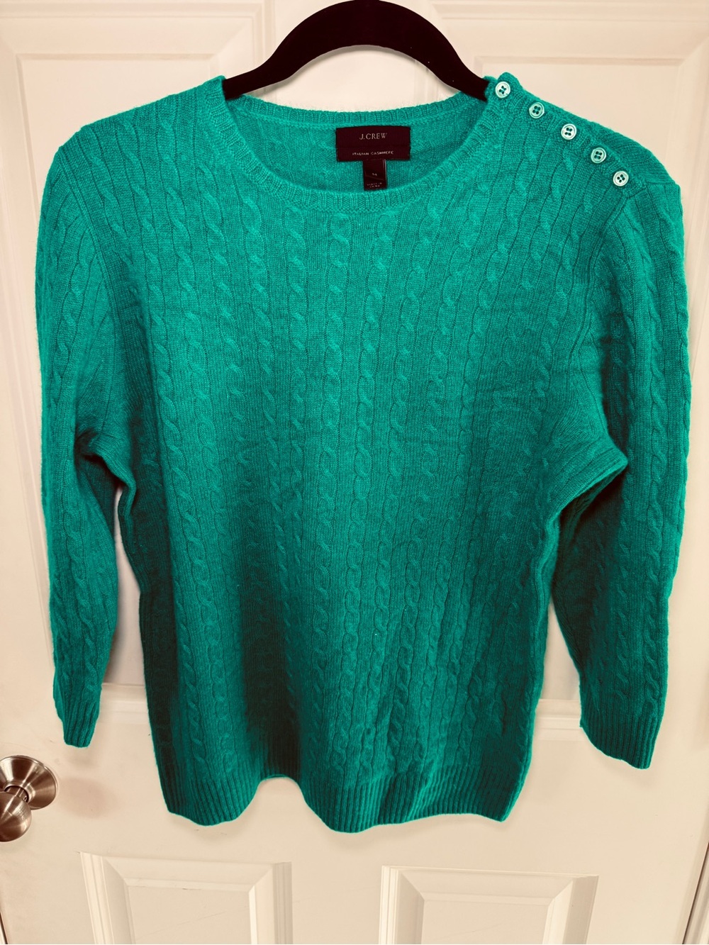 J. Crew Green Women's M 100% Italian Cashmere Cable Knit Button-Shoulder Sweater
